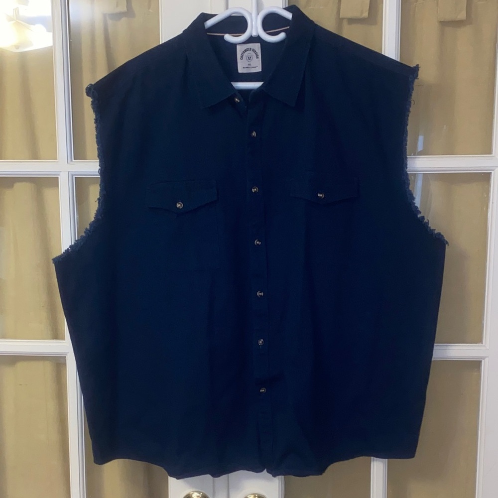 Sleeveless Navy Button-Up Denim Shirt. Custom made